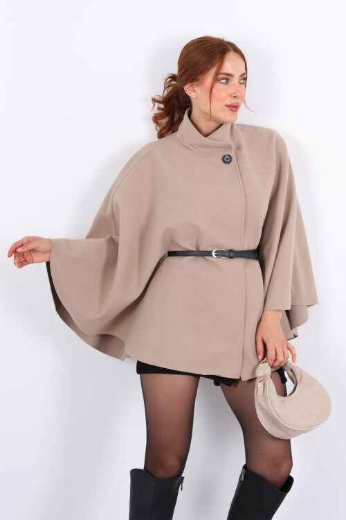 Tek Düğme Kemerli Taş Rengi Kadın Panço - 4