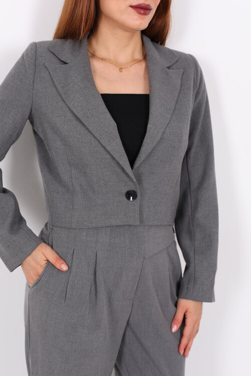 Tek Düğmeli Crop Antrasit Kadın Blazer Ceket - Berox (1)