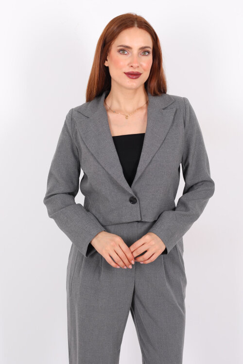 Tek Düğmeli Crop Antrasit Kadın Blazer Ceket - 4