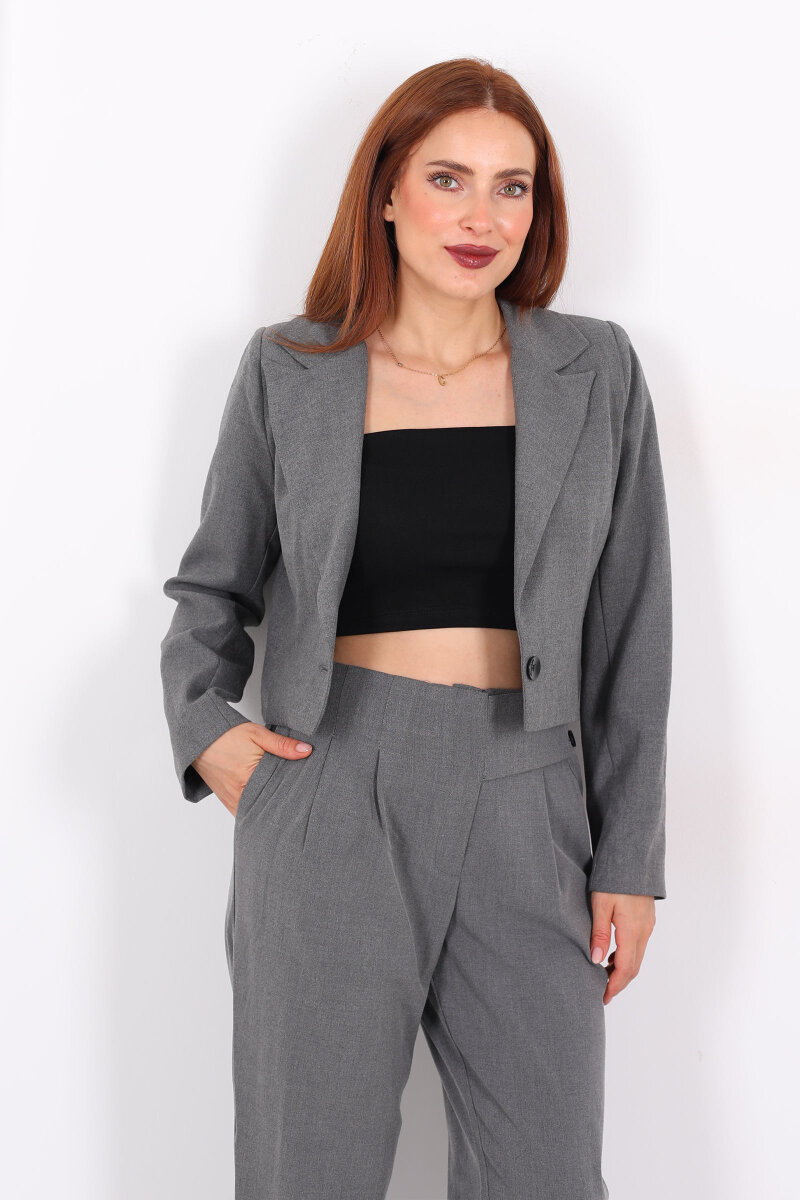 Tek Düğmeli Crop Antrasit Kadın Blazer Ceket - 1