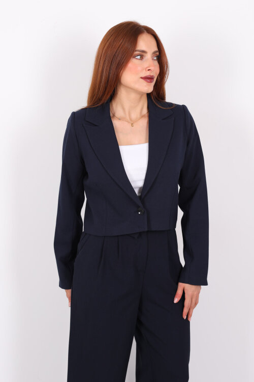 Tek Düğmeli Crop Lacivert Kadın Blazer Ceket - 6