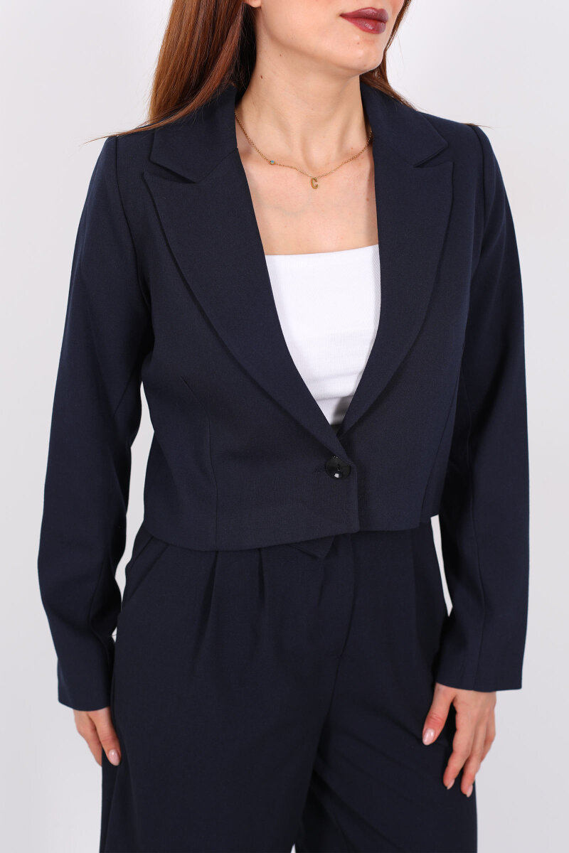 Tek Düğmeli Crop Lacivert Kadın Blazer Ceket - 2