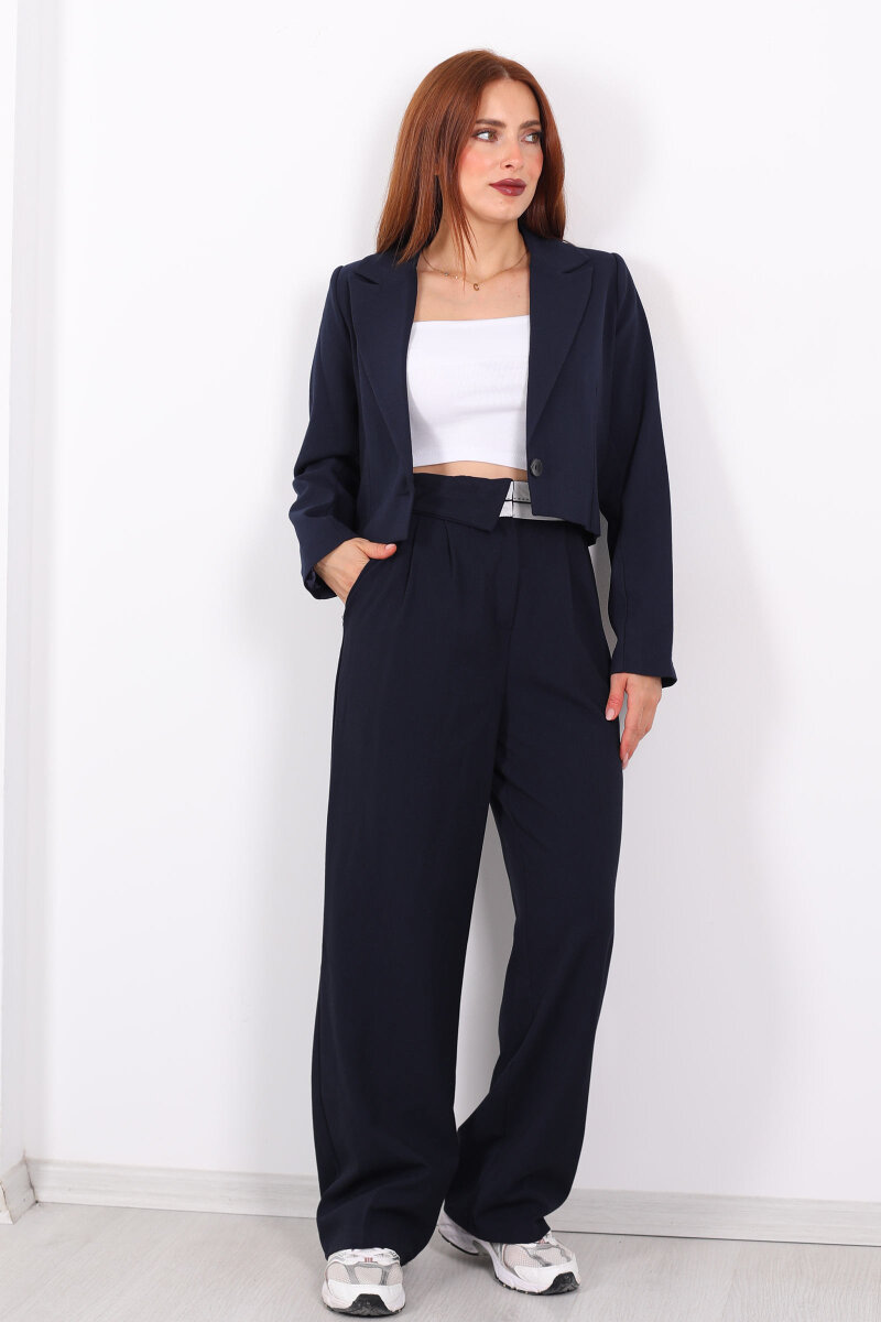 Tek Düğmeli Crop Lacivert Kadın Blazer Ceket - 1