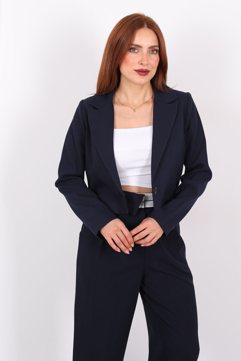 Tek Düğmeli Crop Lacivert Kadın Blazer Ceket - 3