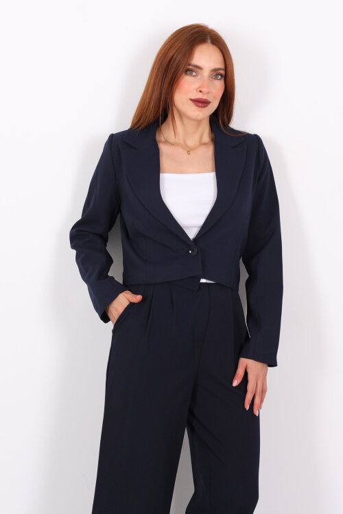 Tek Düğmeli Crop Lacivert Kadın Blazer Ceket - 4
