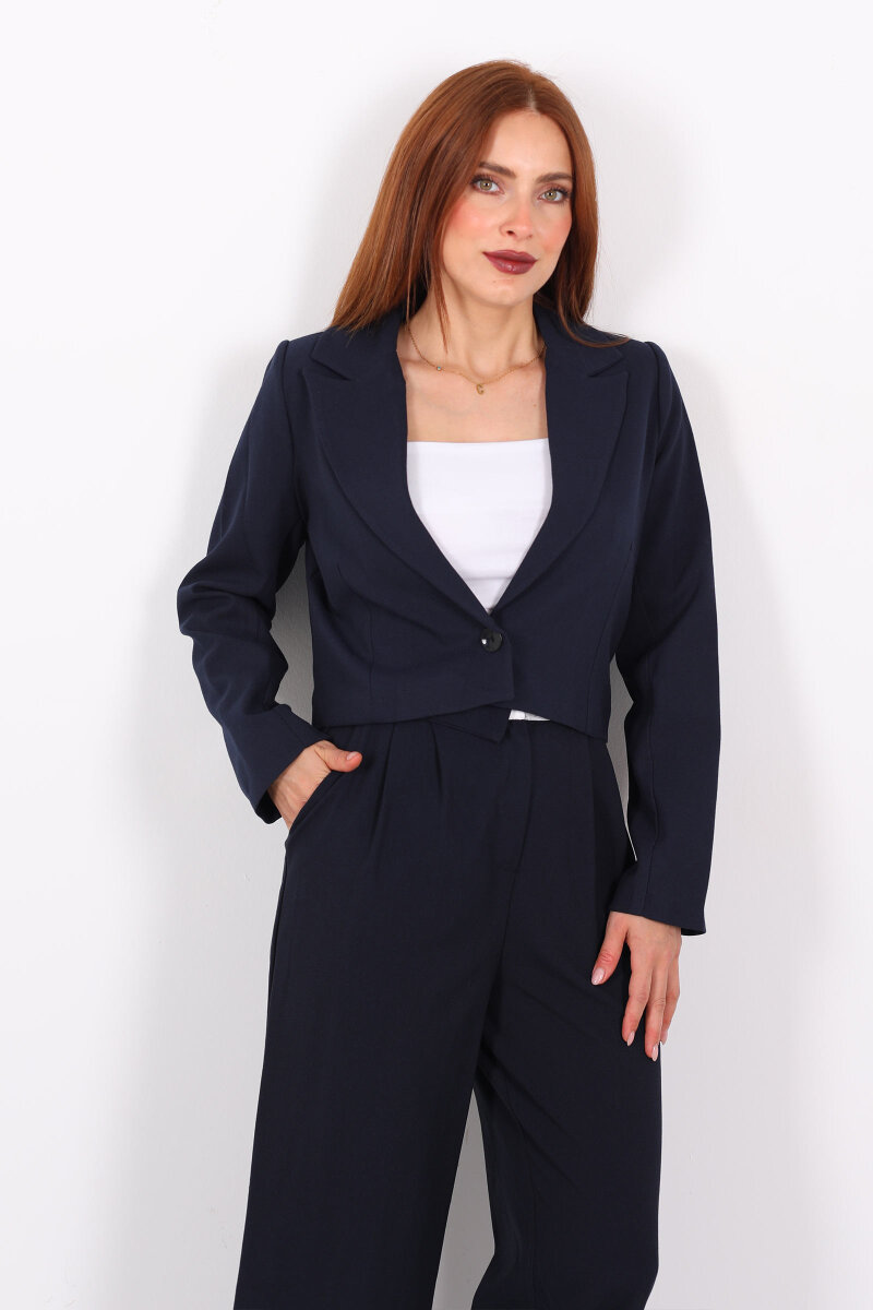 Tek Düğmeli Crop Lacivert Kadın Blazer Ceket - 4