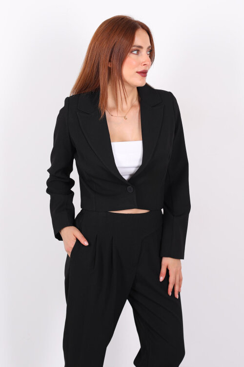 Tek Düğmeli Crop Siyah Kadın Blazer Ceket - 3