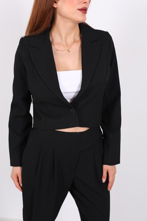 Tek Düğmeli Crop Siyah Kadın Blazer Ceket - Berox (1)