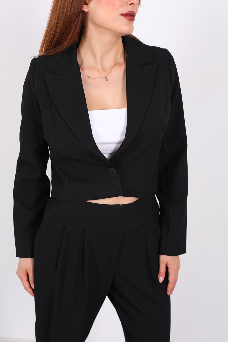 Tek Düğmeli Crop Siyah Kadın Blazer Ceket - 2