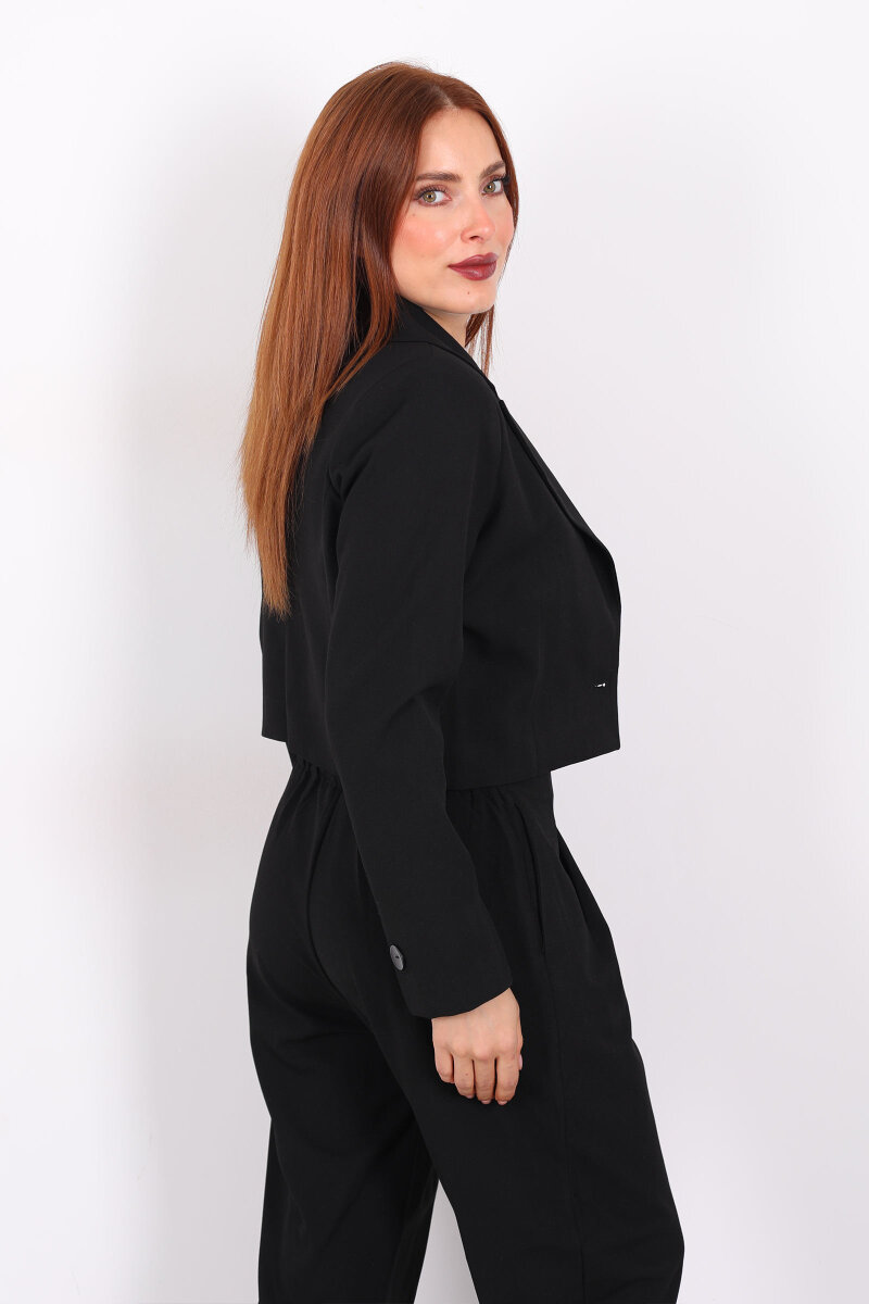 Tek Düğmeli Crop Siyah Kadın Blazer Ceket - 5