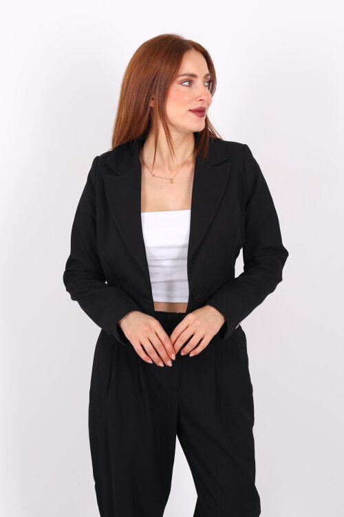 Tek Düğmeli Crop Siyah Kadın Blazer Ceket - Berox