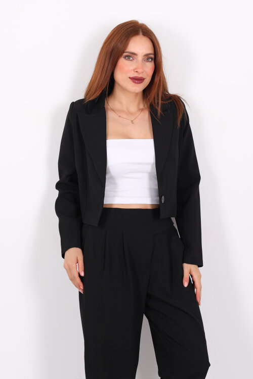 Tek Düğmeli Crop Siyah Kadın Blazer Ceket - 4