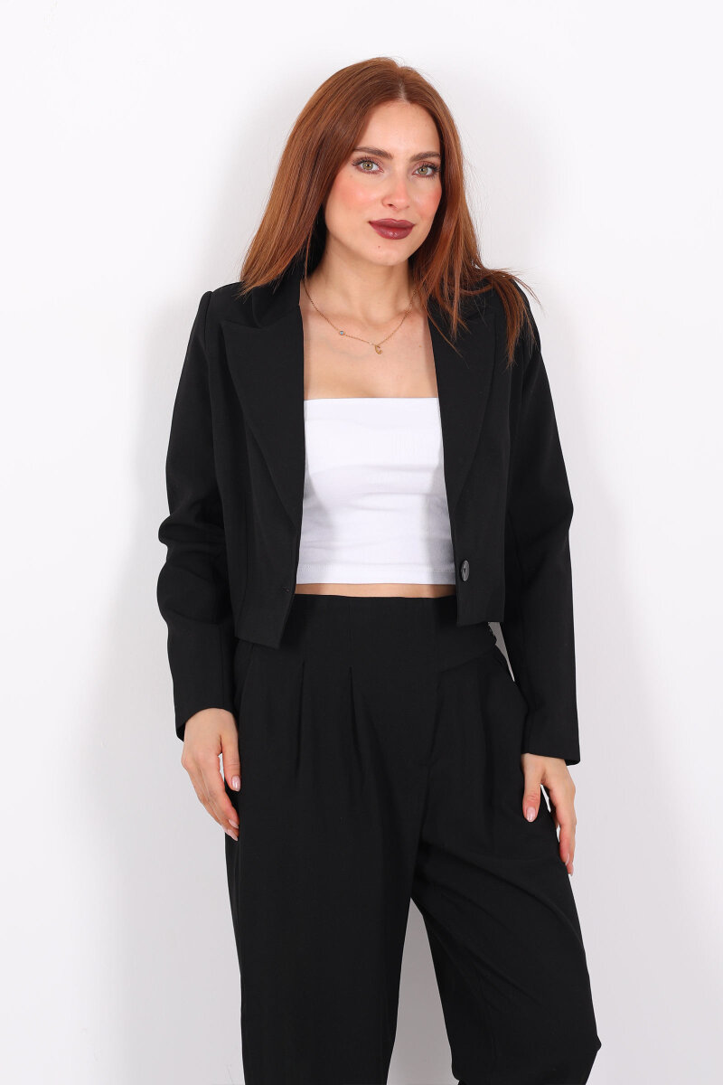 Tek Düğmeli Crop Siyah Kadın Blazer Ceket - 4