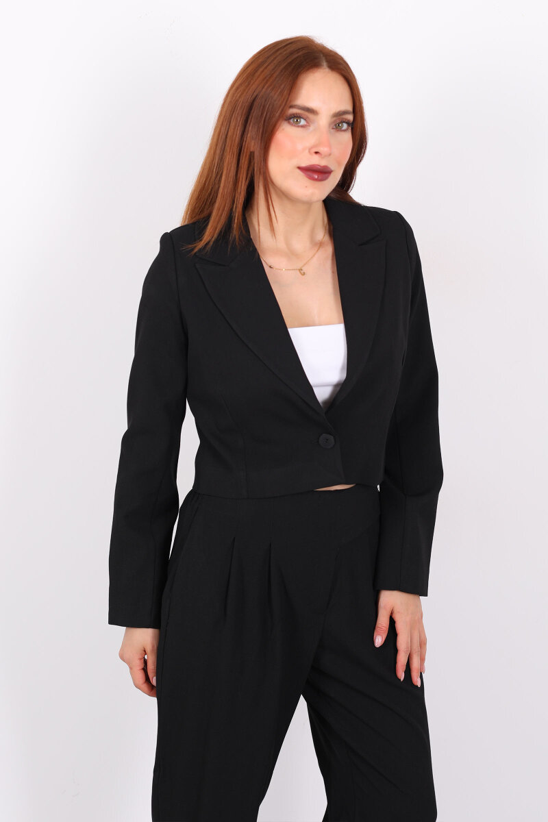 Tek Düğmeli Crop Siyah Kadın Blazer Ceket - 6
