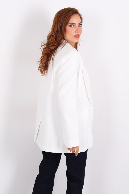 Tek Düğmeli Kadın Beyaz Blazer Ceket - 5