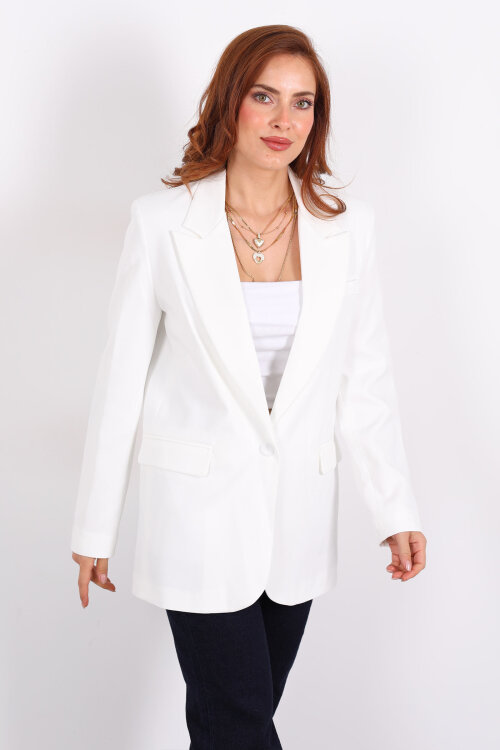 Tek Düğmeli Kadın Beyaz Blazer Ceket - 7