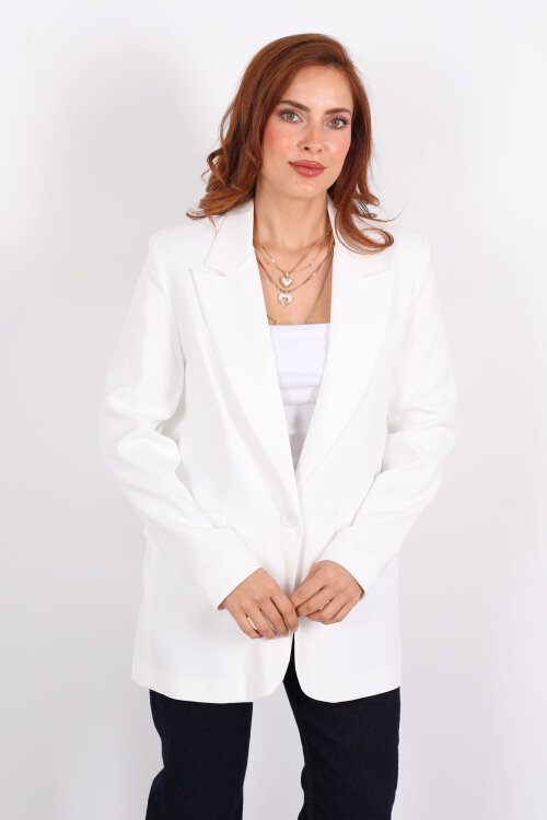 Tek Düğmeli Kadın Beyaz Blazer Ceket - 4