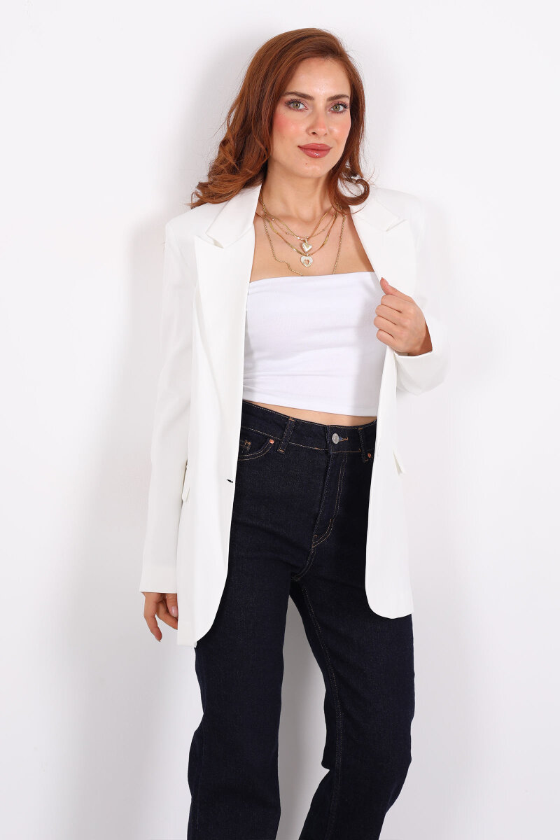 Tek Düğmeli Kadın Beyaz Blazer Ceket - 1