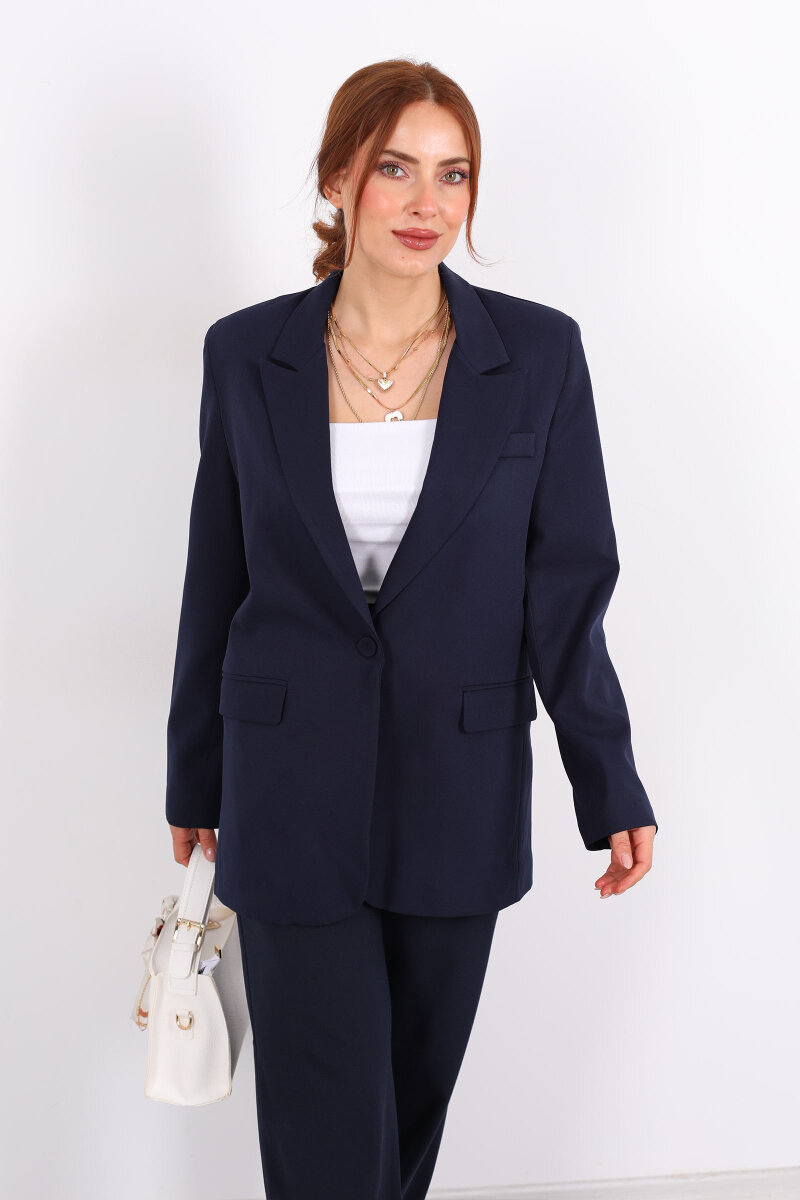 Tek Düğmeli Kadın Lacivert Blazer Ceket - 6