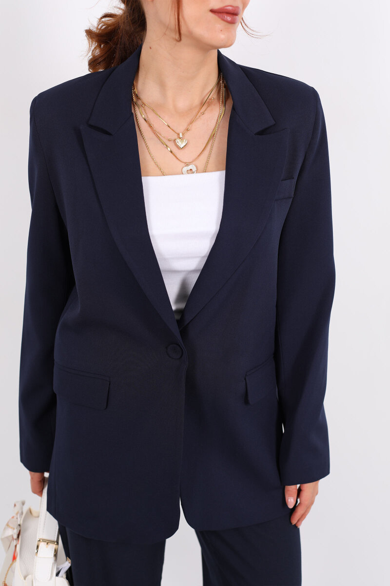 Tek Düğmeli Kadın Lacivert Blazer Ceket - 2
