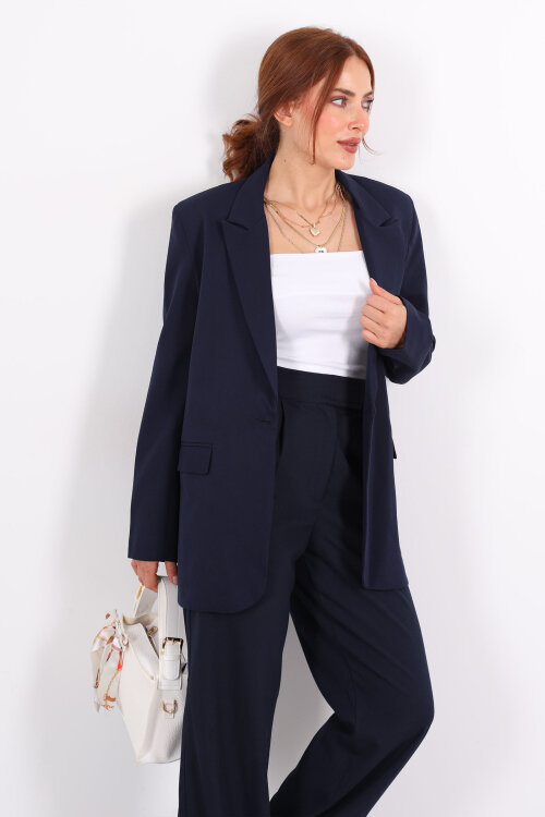 Tek Düğmeli Kadın Lacivert Blazer Ceket - 4