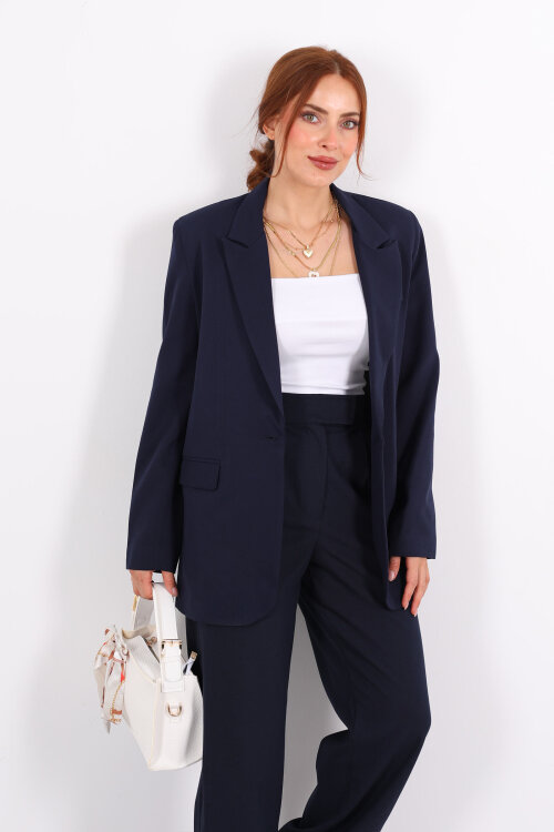 Tek Düğmeli Kadın Lacivert Blazer Ceket - Berox