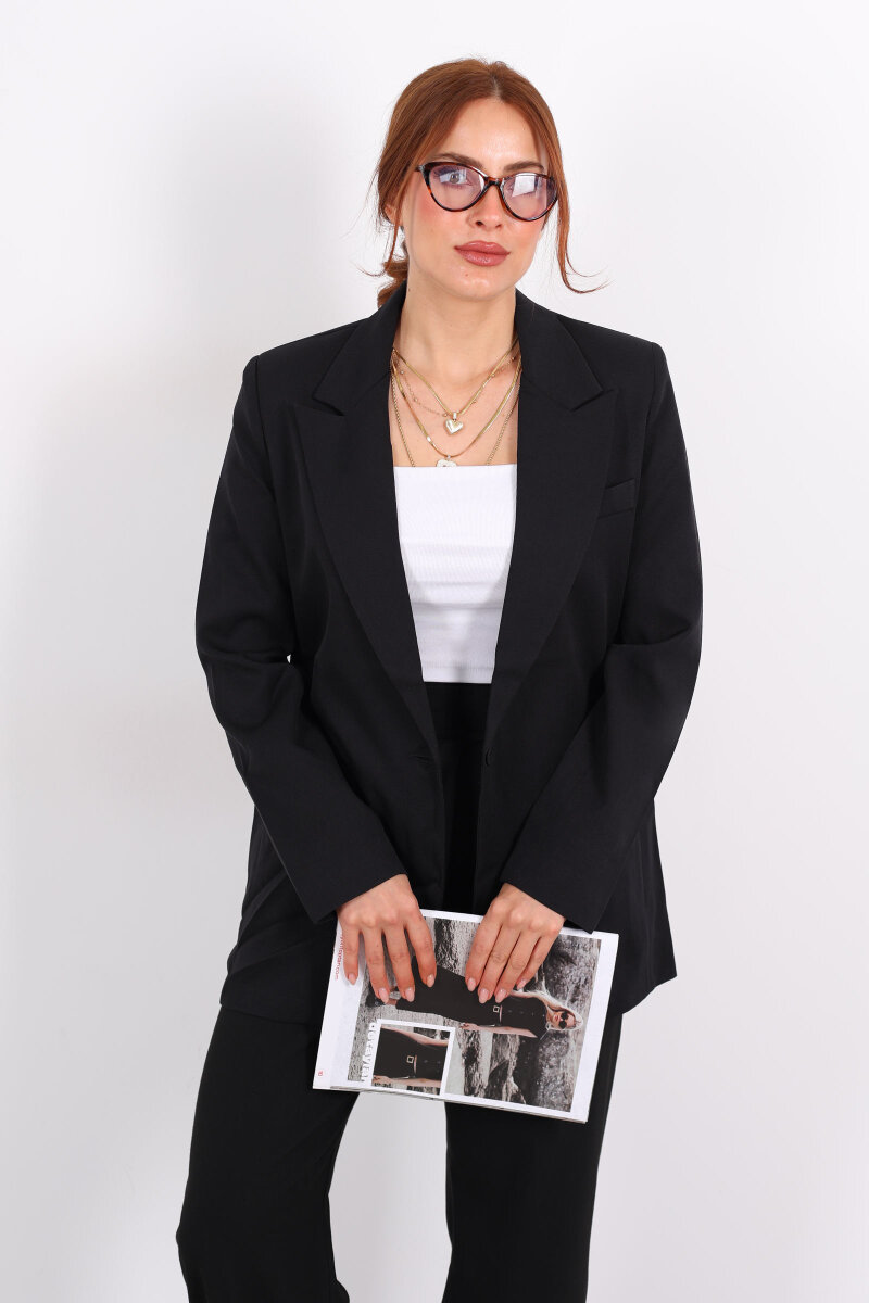 Tek Düğmeli Kadın Siyah Blazer Ceket - 6