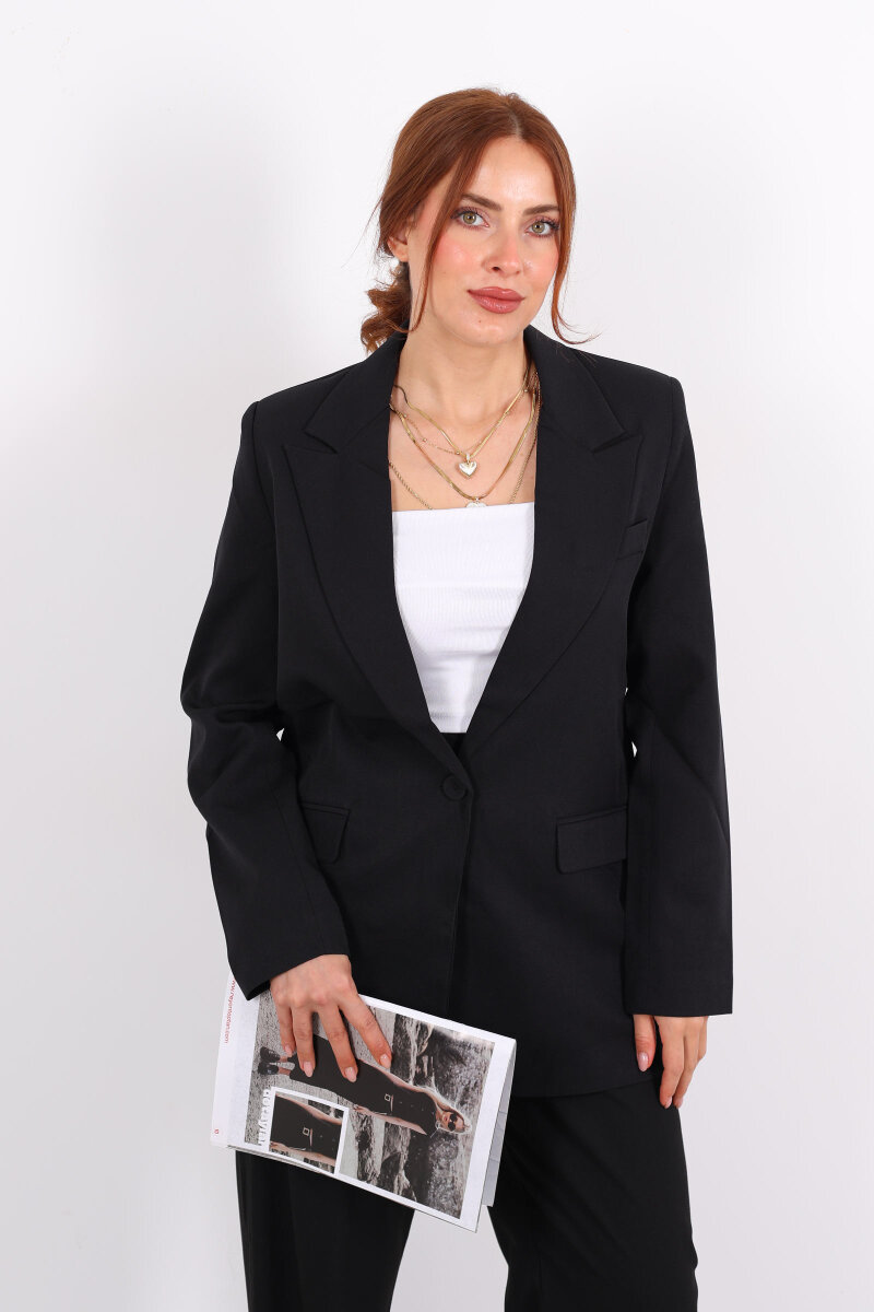 Tek Düğmeli Kadın Siyah Blazer Ceket - 3