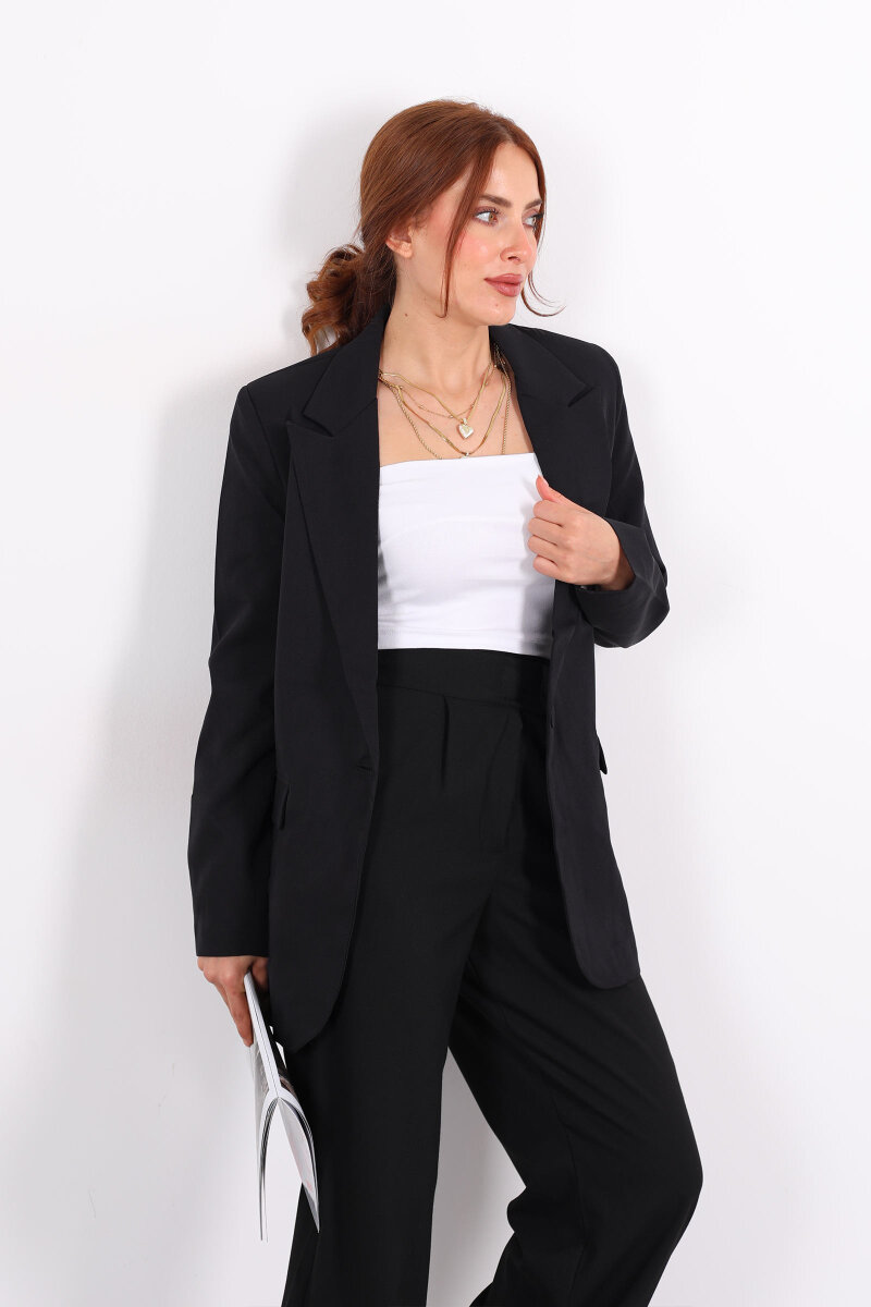 Tek Düğmeli Kadın Siyah Blazer Ceket - 4