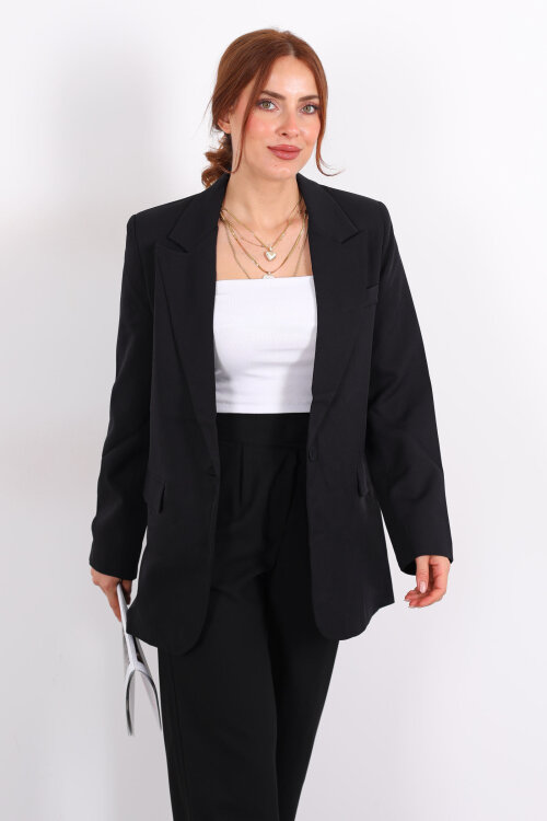 Tek Düğmeli Kadın Siyah Blazer Ceket - 7