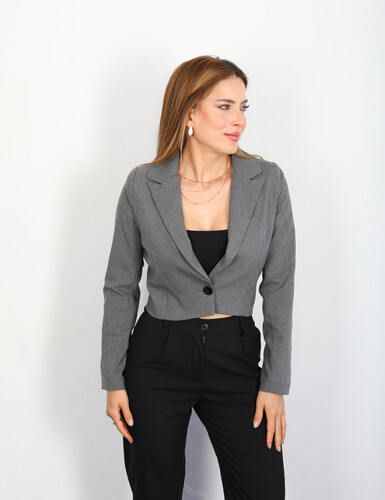 Tek Düğmeli Keten Antrasit Kadın Crop Blazer Ceket - 2