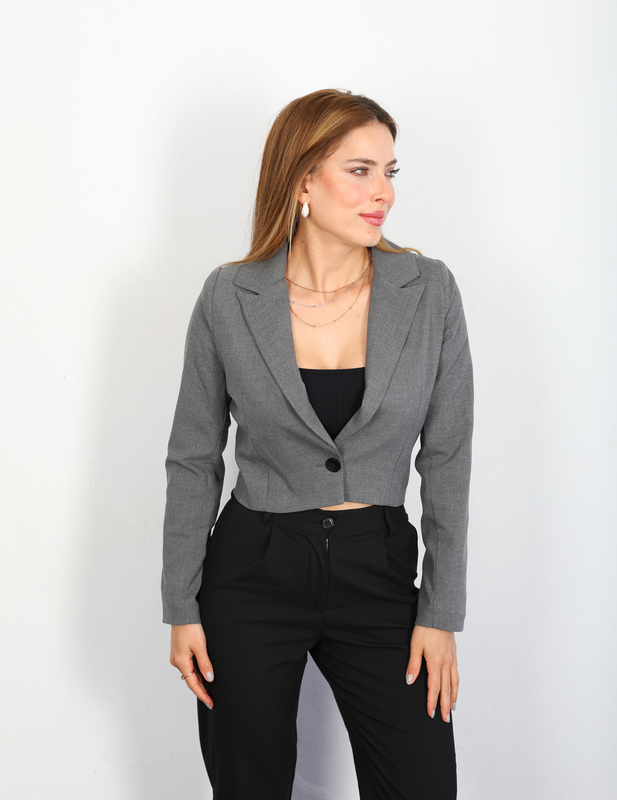 Tek Düğmeli Keten Antrasit Kadın Crop Blazer Ceket - 2