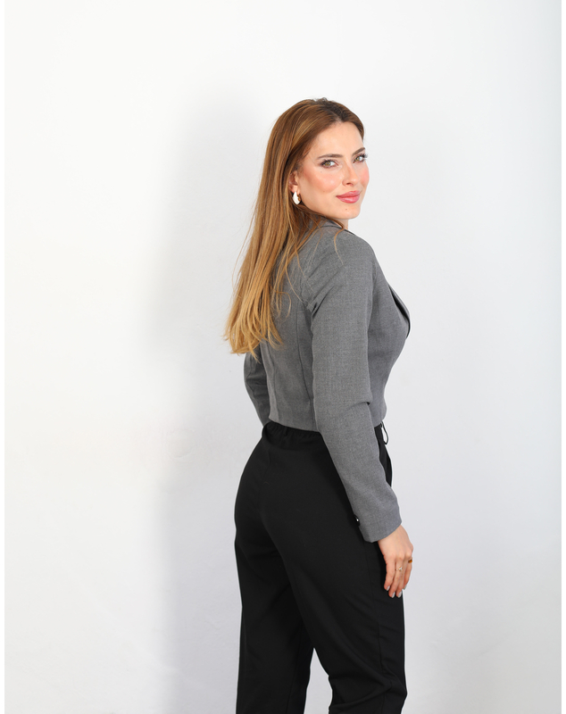 Tek Düğmeli Keten Antrasit Kadın Crop Blazer Ceket - 4