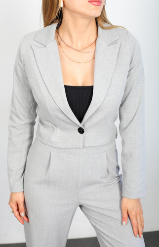Tek Düğmeli Keten Gri Kadın Crop Blazer Ceket - 3