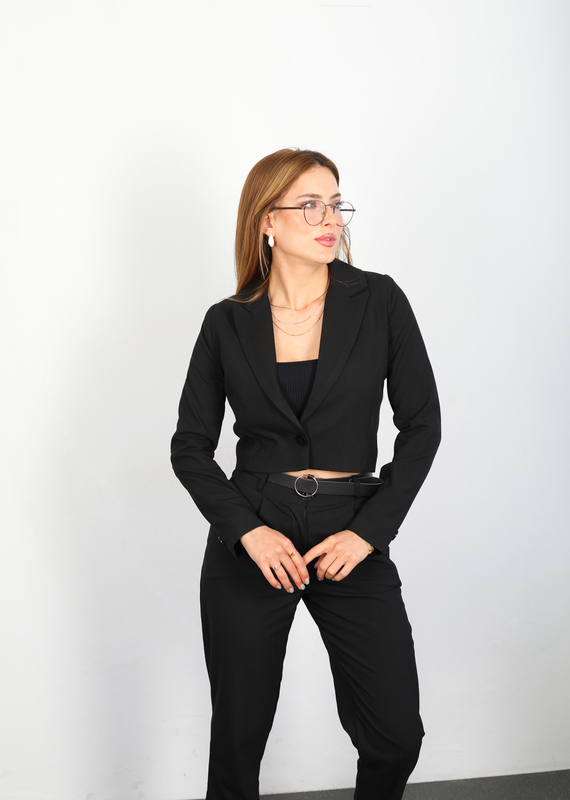 Tek Düğmeli Keten Siyah Kadın Crop Blazer Ceket - 2
