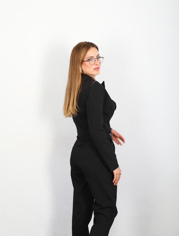 Tek Düğmeli Keten Siyah Kadın Crop Blazer Ceket - 3