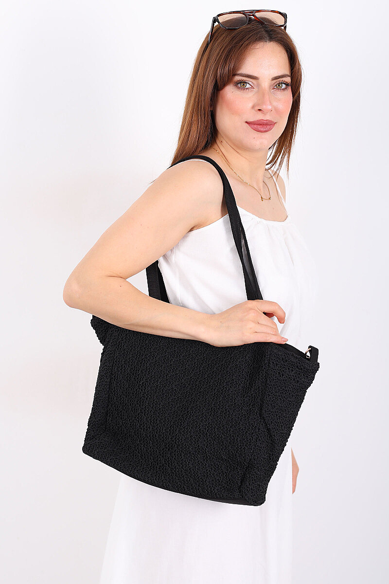 Tek Göz Fermuarlı Siyah Örme Hasır Çanta - 3