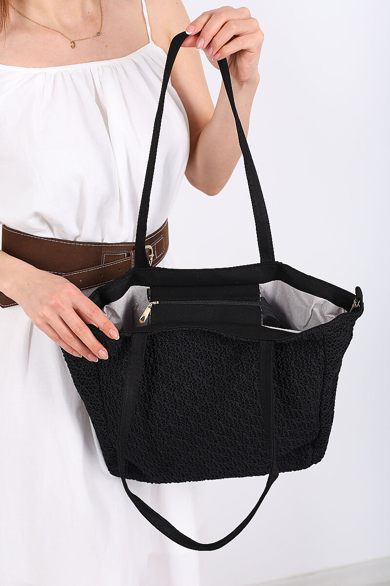 Tek Göz Fermuarlı Siyah Örme Hasır Çanta - 2