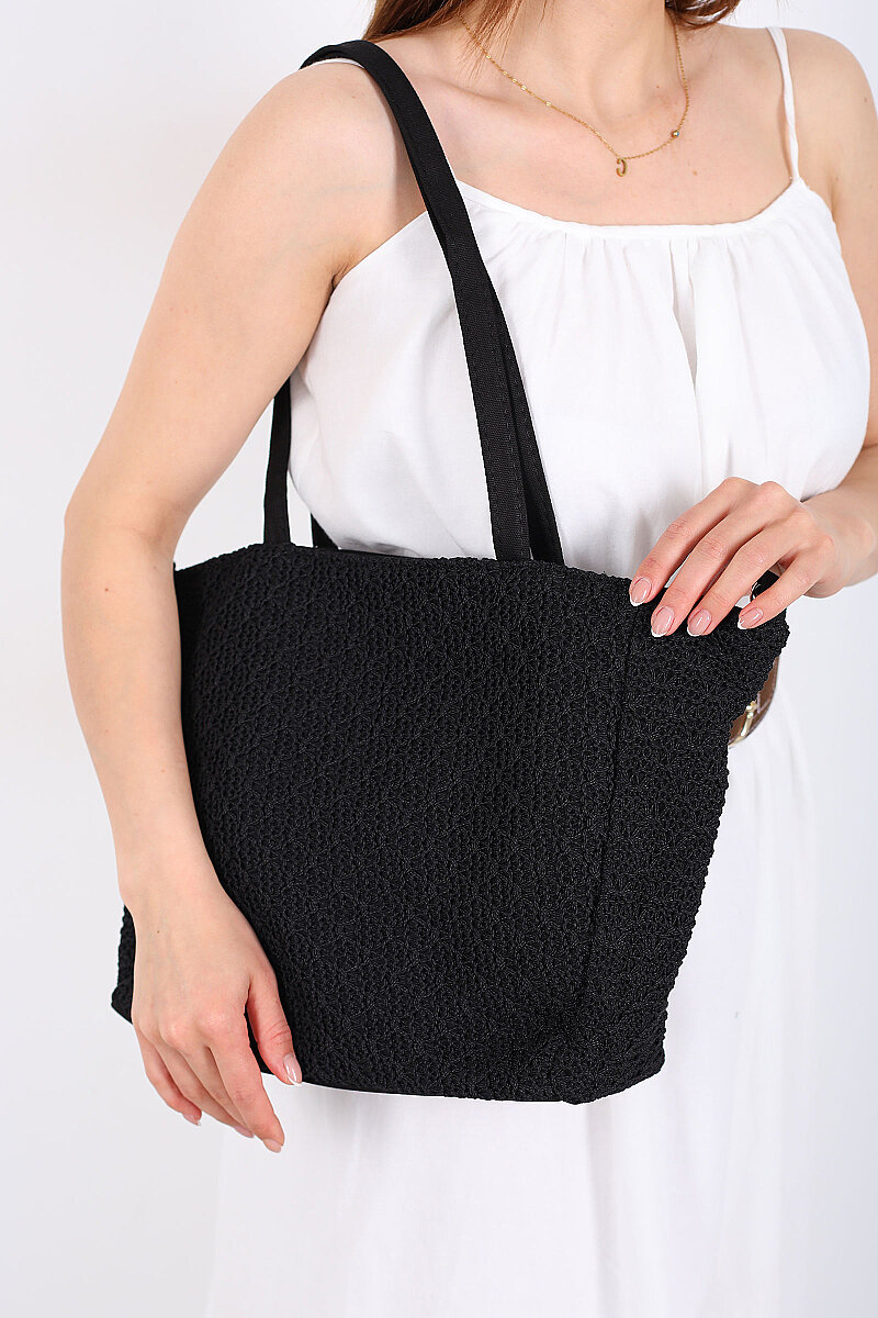 Tek Göz Fermuarlı Siyah Örme Hasır Çanta - 1