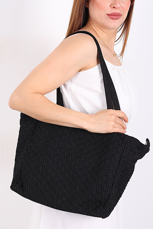 Tek Göz Fermuarlı Siyah Örme Hasır Çanta - 4