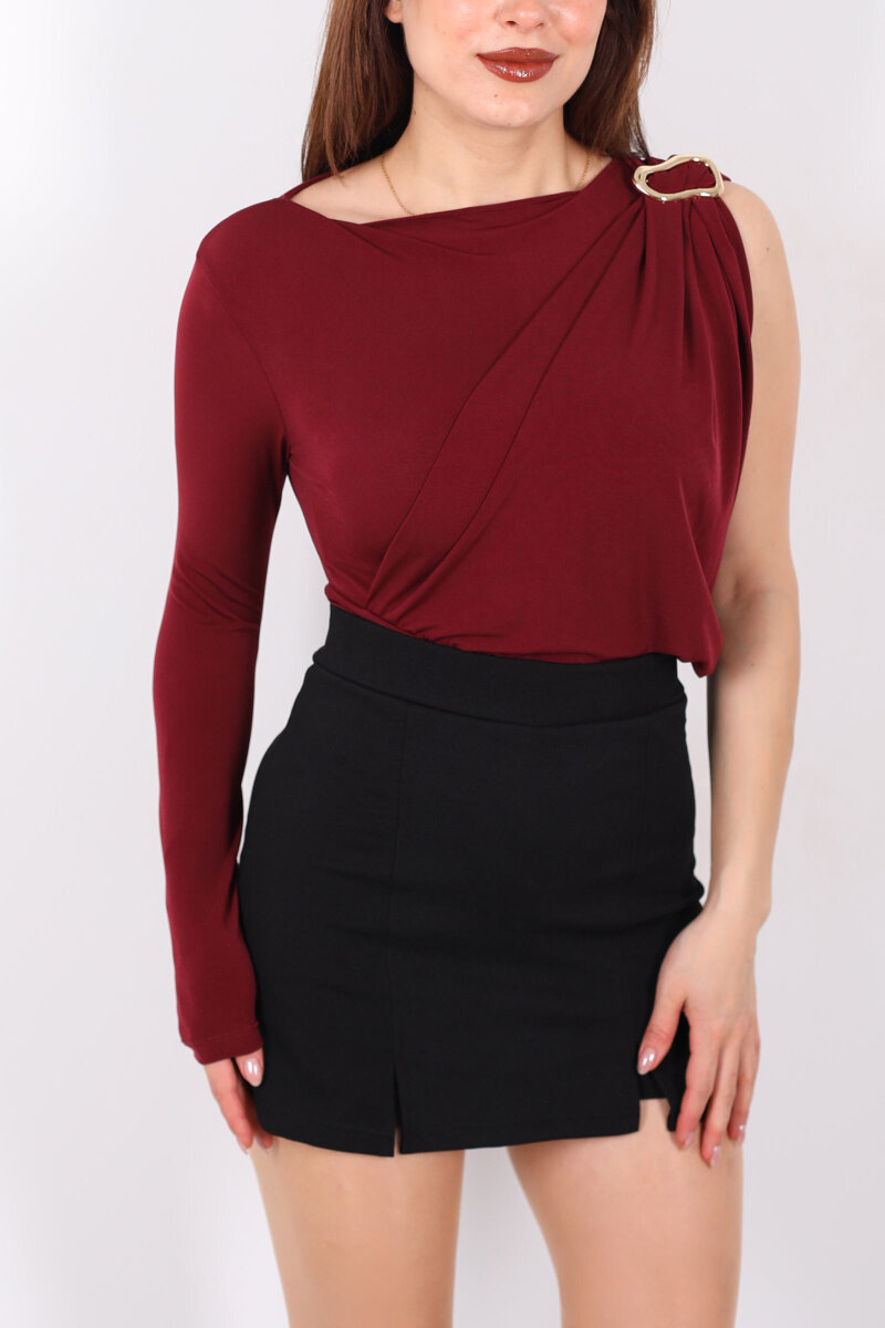 Tek Kol Aksesuarlı Drape Detaylı Bordo Kadın Çıtçıtlı Bluz - 2