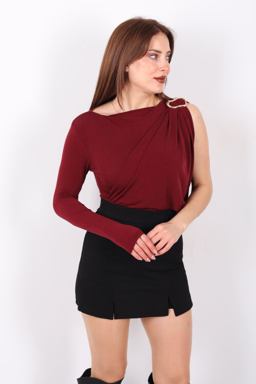 Tek Kol Aksesuarlı Drape Detaylı Bordo Kadın Çıtçıtlı Bluz - Berox