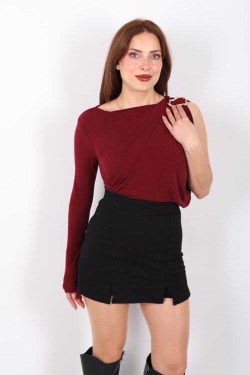 Tek Kol Aksesuarlı Drape Detaylı Bordo Kadın Çıtçıtlı Bluz - 3