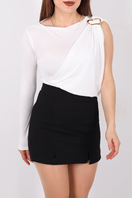 Tek Kol Aksesuarlı Drape Detaylı Ekru Kadın Çıtçıtlı Bluz - Berox (1)
