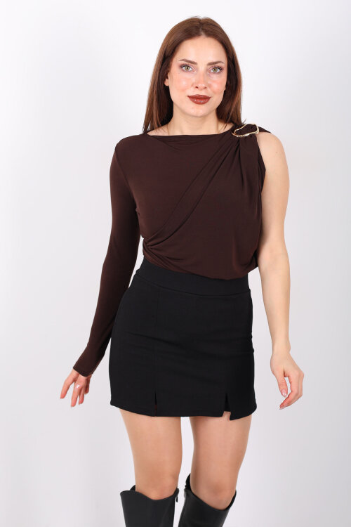 Tek Kol Aksesuarlı Drape Detaylı Kahverengi Kadın Çıtçıtlı Bluz - Berox