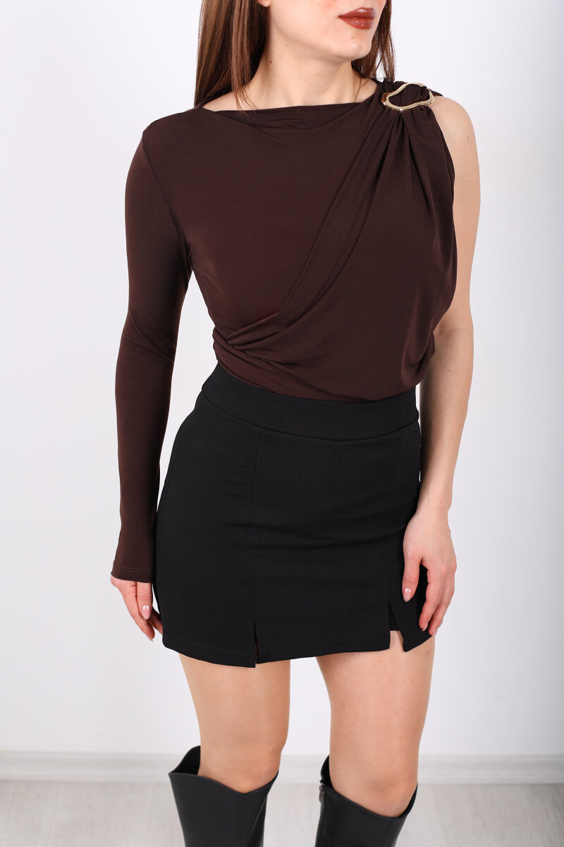 Tek Kol Aksesuarlı Drape Detaylı Kahverengi Kadın Çıtçıtlı Bluz - 2