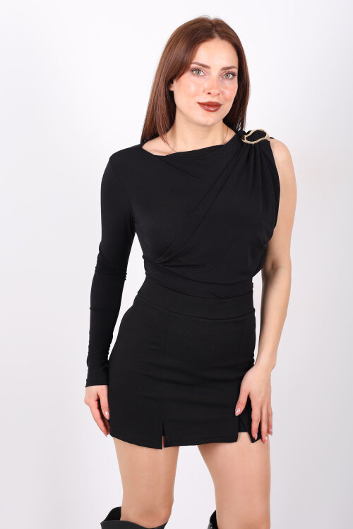 Tek Kol Aksesuarlı Drape Detaylı Siyah Kadın Çıtçıtlı Bluz - 6