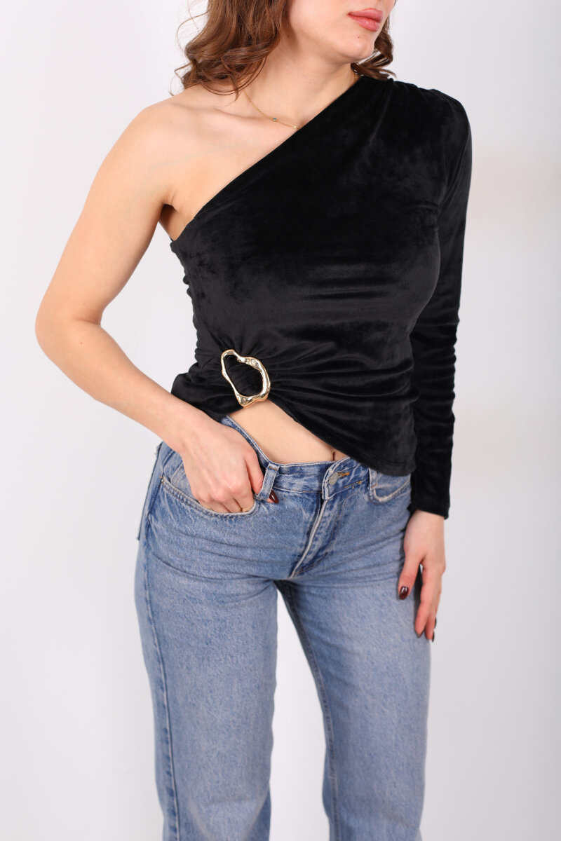 Tek Kol Aksesuarlı Siyah Kadın Kadife Bluz - 2