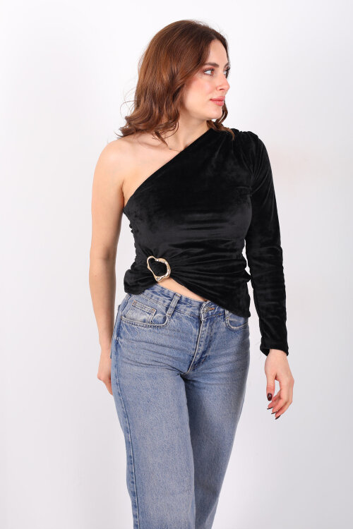 Tek Kol Aksesuarlı Siyah Kadın Kadife Bluz - 4