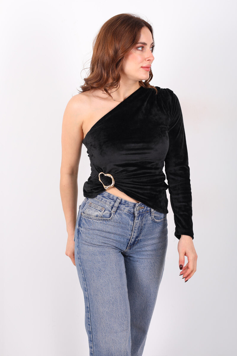 Tek Kol Aksesuarlı Siyah Kadın Kadife Bluz - 4